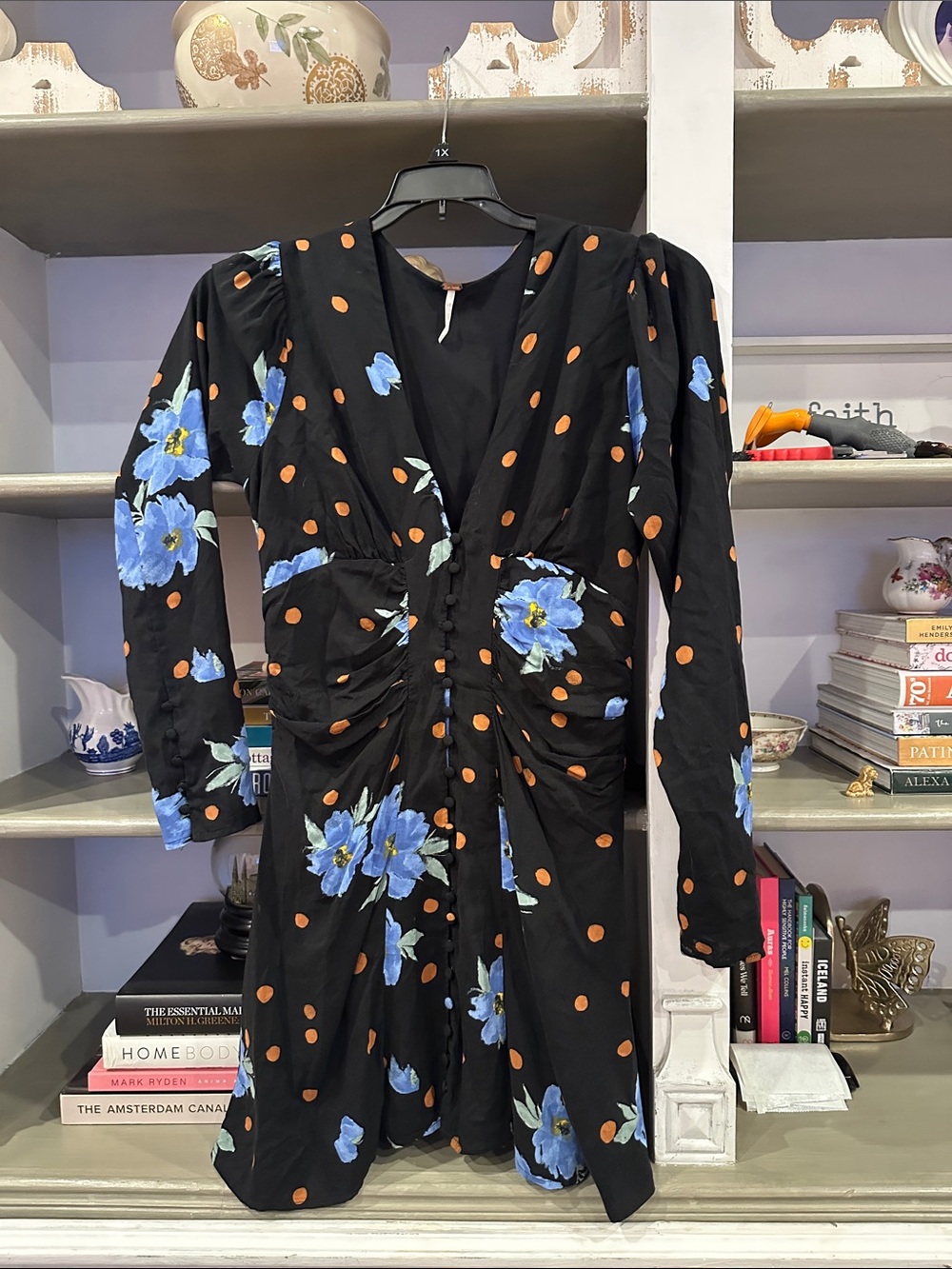 Free People Black Mini Dress with Blue Floral and Rust/Orange Polka Dots